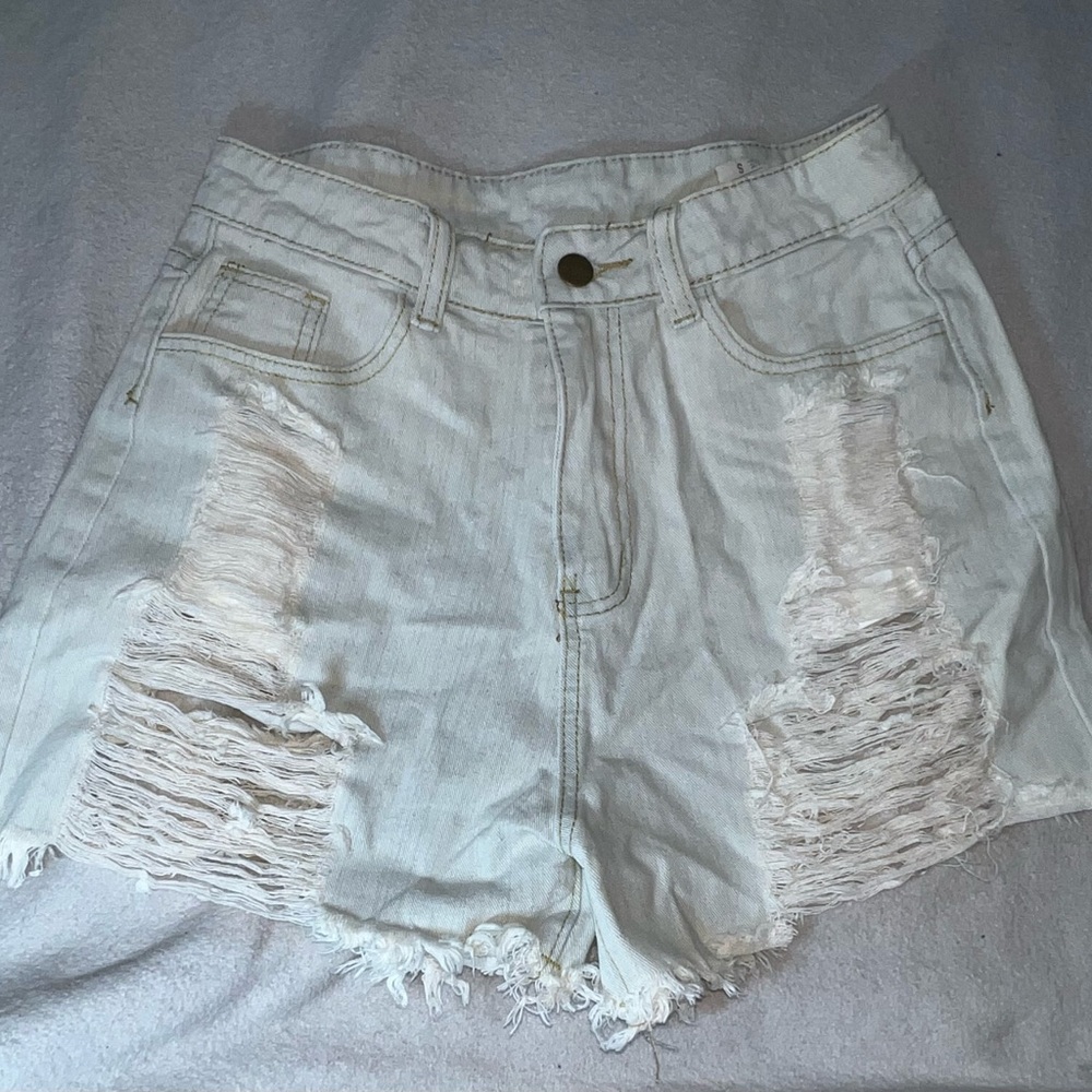 Distressed White Denim Shorts